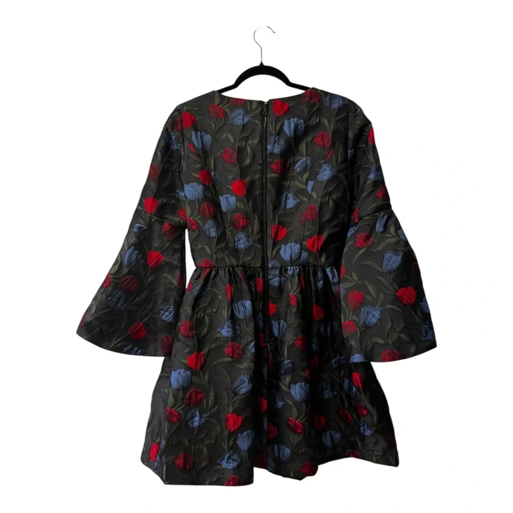 Alice + Olivia Black Floral Jacquard Babydoll Dress with Red & Blue Tulips - Picture 4 of 11